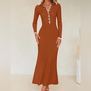 Chic Long Sleeve Collared Rust Dress with Button Accents